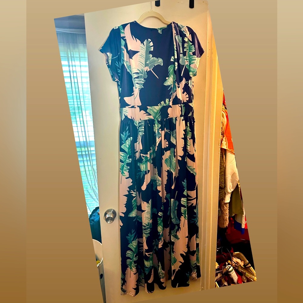 NWOT Green and Pink Smocked V-Neck Maxi Dress